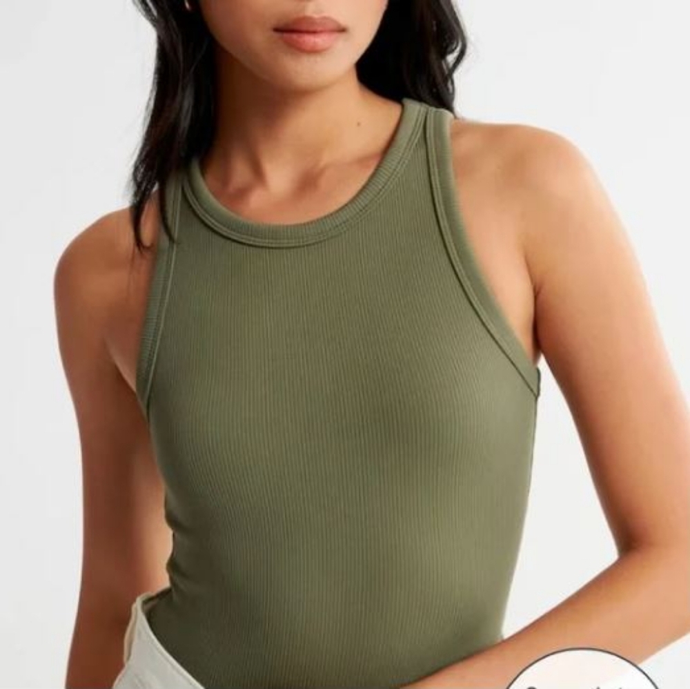 Ribbed Scuba Neck Sleeveless Bodysuit - Olive Green (XS) - ABERCROMBIE & FITCH